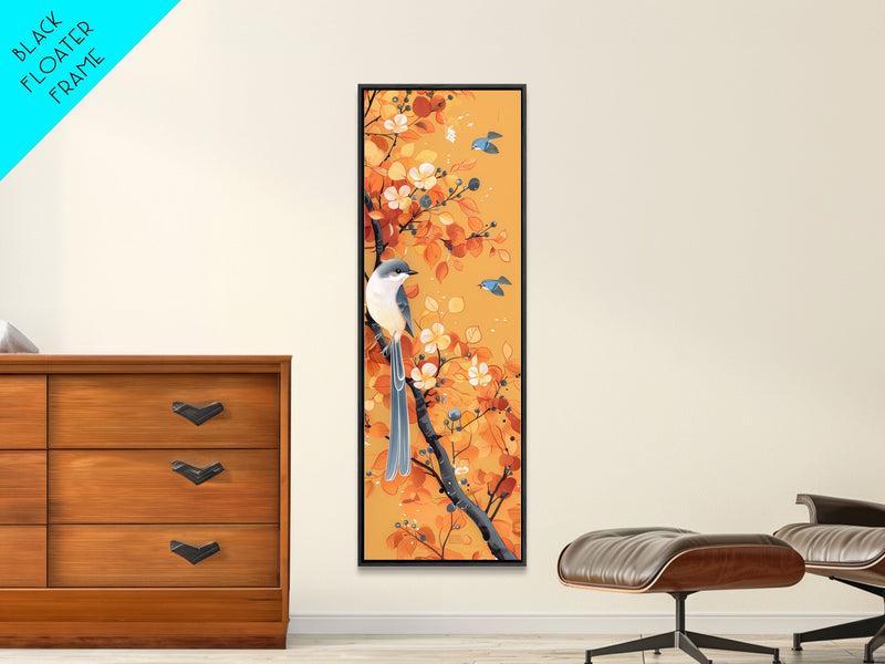 Birds Among Autumn Leaves Japanese Style Tall Wall Art Skinny Framed Canvas Print Woodblock Print