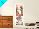Serene Japanese Winter Landscape Highlighting A Red Bridge Snow-Covered Pines Under A Peaceful Sky Tall Framed Canvas Print Nature Scene