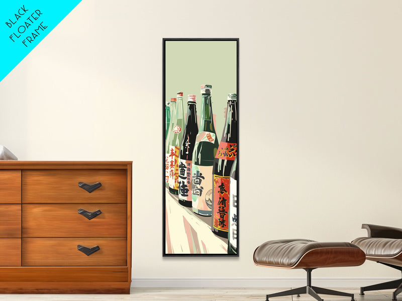 Array Of Japanese Sake Bottles With Minimalistic Labels Arranged Simple Composition Captured Tall Framed Canvas Print Bar Decor