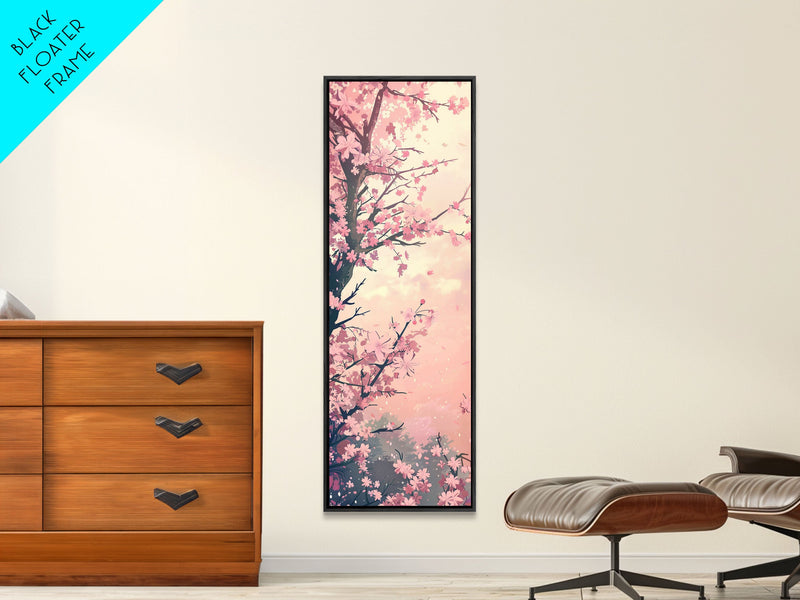 Beautiful Cherry Blossoms Blooming On Tree Branch Against Soft Pastel Background Captured Tall Framed Canvas Print Floral Home Decor