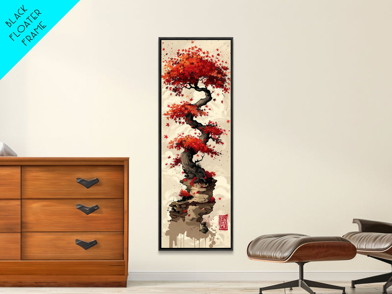 Vibrant Red Maple Tree with Twisting Branches on a Beige Background Ukiyo-e Art Japanese Framed Canvas Print Skinny Tall Art