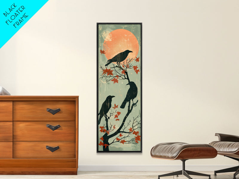 Black Crows Japanese Art Skinny Wall Art Framed Canvas Print on Branches with Red Maple Leaves Against Warm Orange Sun