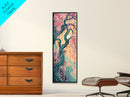 Japanese Garden Tree Skinny Wall Art Framed Canvas Print with Twisting Branches and Pink Blossoms in Warm Sunset Colors