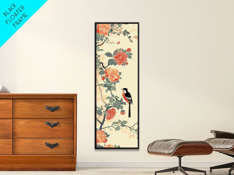 Bird Among Camellia Flowers On Light Background Skinny Art Ukiyo-e Wood Block Print Framed Canvas Print