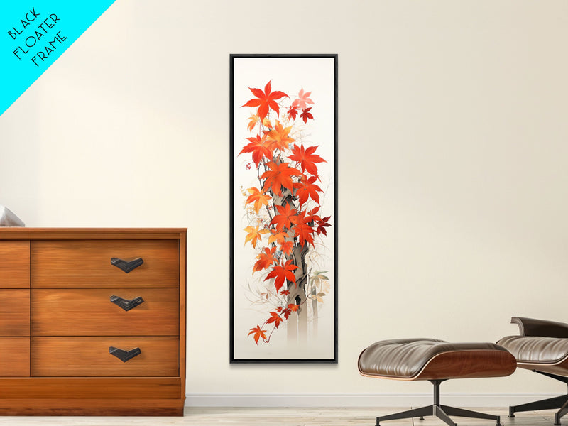 Brilliant Red Leaves On A Twisted Tree, Framed Canvas Print In Skinny Tall Style, Ideal For Feng Shui Wall Art In Japanese Style Art