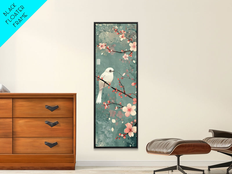 White Bird Perched On A Branch With Blossoms â€“ Framed Canvas Print Combining Skinny Art And Tall Art Inspired By Ukiyo-E Art And Japanese Style Art