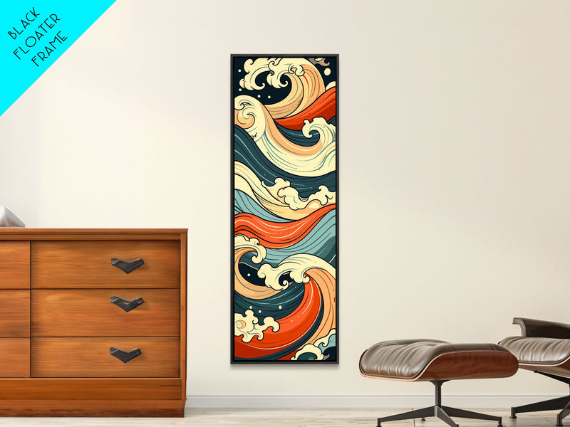 Abstract Wave Pattern With Vibrant Colors - Skinny Art Tall Art Framed Canvas Print Japanese Style Art Ukiyo-e Art