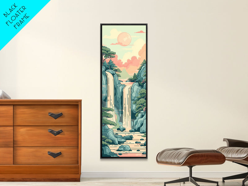 Waterfall With Scenic Landscape - Skinny Art Tall Art Framed Canvas Print Japanese Style Art Ukiyo-e Art