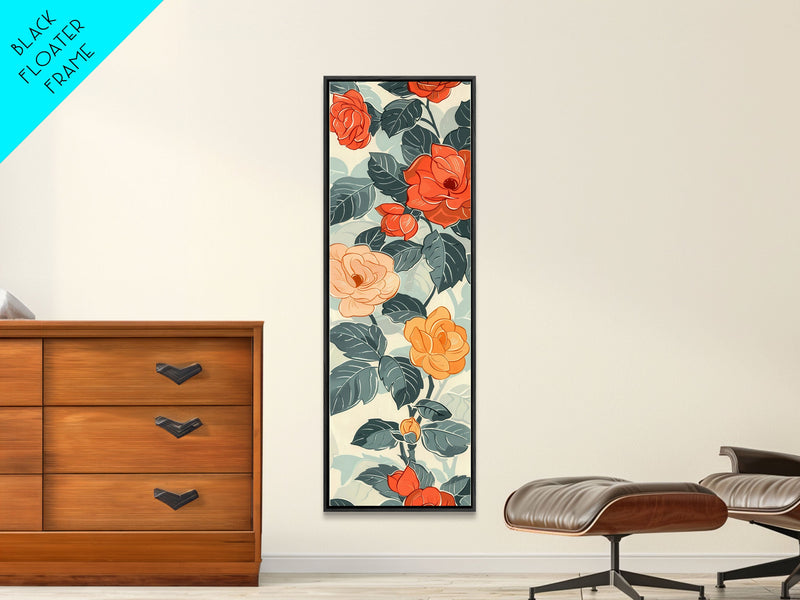 Vibrant Red And Orange Roses In Japanese Style Ukiyo-e Art Framed Canvas Print Skinny Art Tall Art