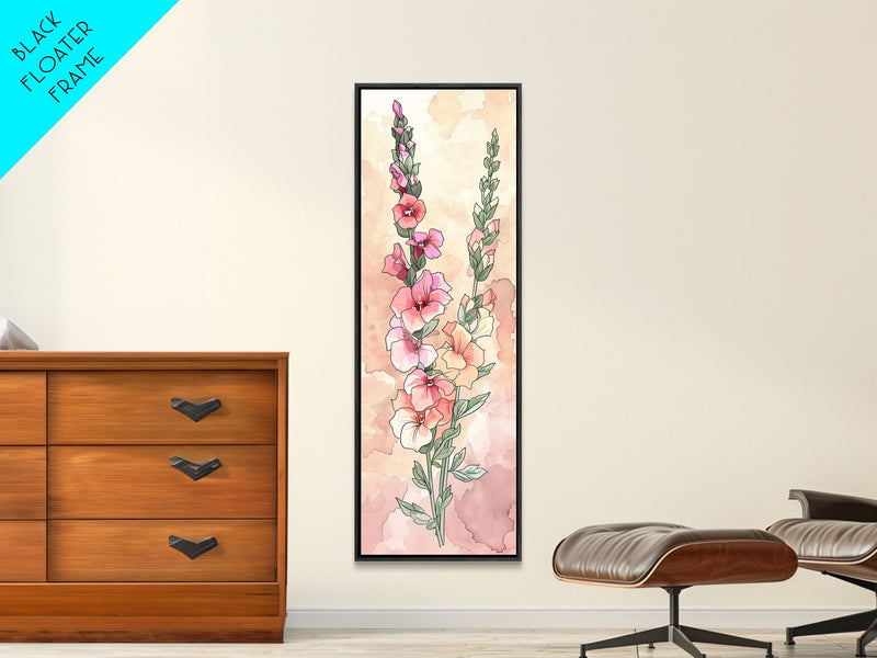 Vibrant Gladiolus Skinny Art Tall Art Japanese Ukiyo-e Inspired Floral Framed Canvas Print for Brightening Any Room