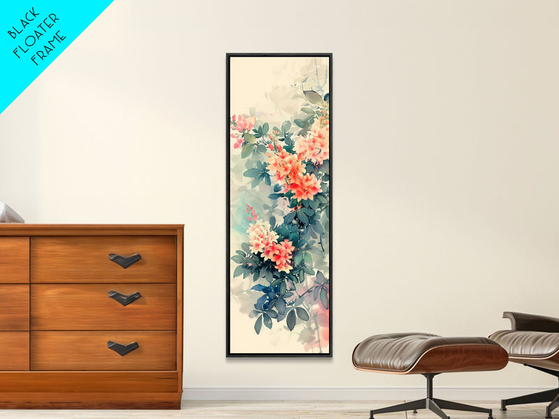 Azalea Blossoms Skinny Art Tall Art Japanese Ukiyo-e Inspired Floral Framed Canvas Print for Elegant and Timeless Decor