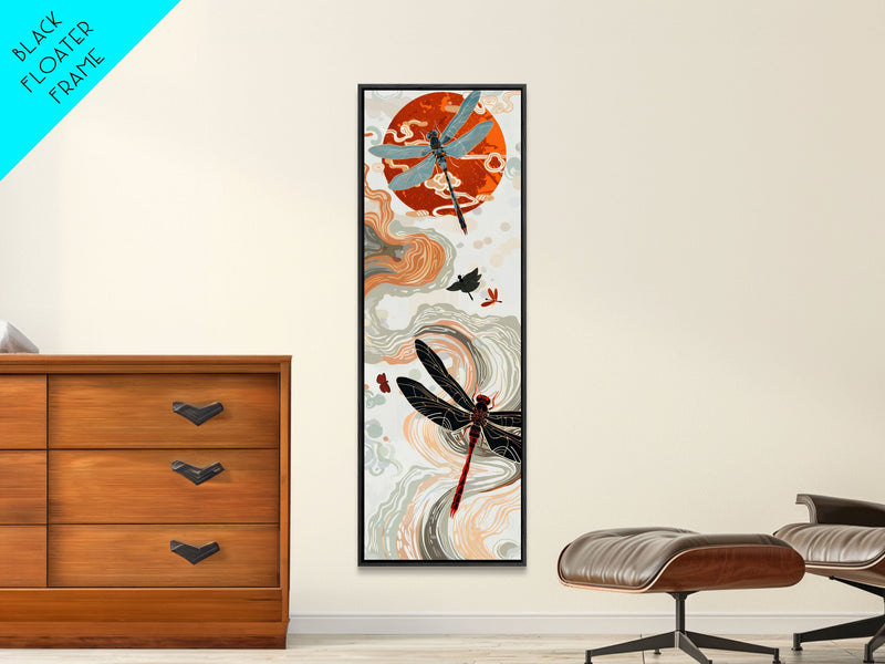 Vivid Dragonflies against Bold Red Sun with Flowing Clouds - Skinny Art, Japanese Wall Decor, Framed Canvas Print, Ukiyo-e Style