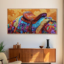 Western Saddle, cowboy art, rustic western decor, saddle painting, framed canvas print, boho art, extra wide art, gift idea him