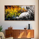 White Rabbit, whimsical art, forest at dusk painting, rustic wall art, farmhouse art, wildflower painting, Framed Canvas Print, cozy decor