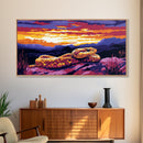 Rattlesnake Sunset, wildlife painting, southwest wall art, mountain painting, rustic decor, panoramic art, Framed Canvas Print, farmhouse art
