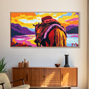 Pack horse, rugged adventure, cowboy aesthetic, mountain sunset, rustic decor, extra wide art, nostalgic western, framed canvas print