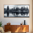 Pine tree reflection, moody art, mountain painting, pine tree art, rustic decor, panoramic art, extra wide art, framed canvas print