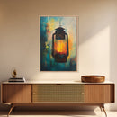 Lantern Glow, moody art, rustic decor, farmhouse art, warm light painting, southwest wall art, wabi sabi art, Framed Canvas Print