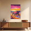 Sunset Wagon Art, pink orange wall art, Joshua tree art, rustic wall art, warm tones painting, framed canvas print, gift idea, extra wide art