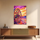 Sunset Wagon Wheel, Bold Color Painting, Southwest Wall Art, Framed Canvas Print, Rustic Decor, Western Aesthetic, Extra Wide Art, Gift Idea