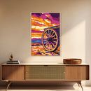 Vibrant Wagon Wheel, Pink Orange Wall Art, Boho Art, Framed Canvas Print, Southwest Aesthetic, Above Sofa Art, Rustic Decor, Gift Idea