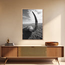 Lone Horn, desert minimalism, rustic western art, wabi sabi decor, moody photography, framed canvas print, black and white, southwest art