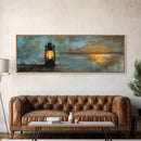 Lantern, rustic art, moody art, oil painting, long narrow wall art, extra wide art, above sofa art, Framed Canvas Print