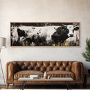 Black and White Cow, farmhouse art, rustic wall art, extra wide art, wabi sabi art, vintage horse art, Canvas Print