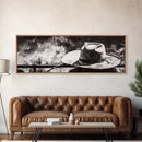 Western Hat Art, Black and White Art, Framed Canvas Print, Rustic Wall Art, Wabi Sabi Art, Extra Wide Art, Minimalist Art