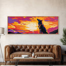 Colorful Wolf Art, sunset animal painting, moody art, pink orange wall art, extra wide art, framed canvas print, panoramic painting