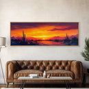 Sunset Cactus Art, southwest wall art, desert landscape painting, extra wide art, panoramic painting, framed canvas print, rustic decor, horizontal wall art