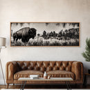 Bison landscape, black and white western painting, rustic decor, extra wide art, smoky mountain art, panoramic painting, framed canvas print
