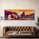 Western horse, saddle, cowboy, sunset, rustic wall art, panoramic art, framed canvas print, extra wide art, horse wall art