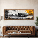 Vintage wooden wagon, rustic wall art, barn landscape oil painting, black and white art, extra wide art, framed canvas print, farmhouse art