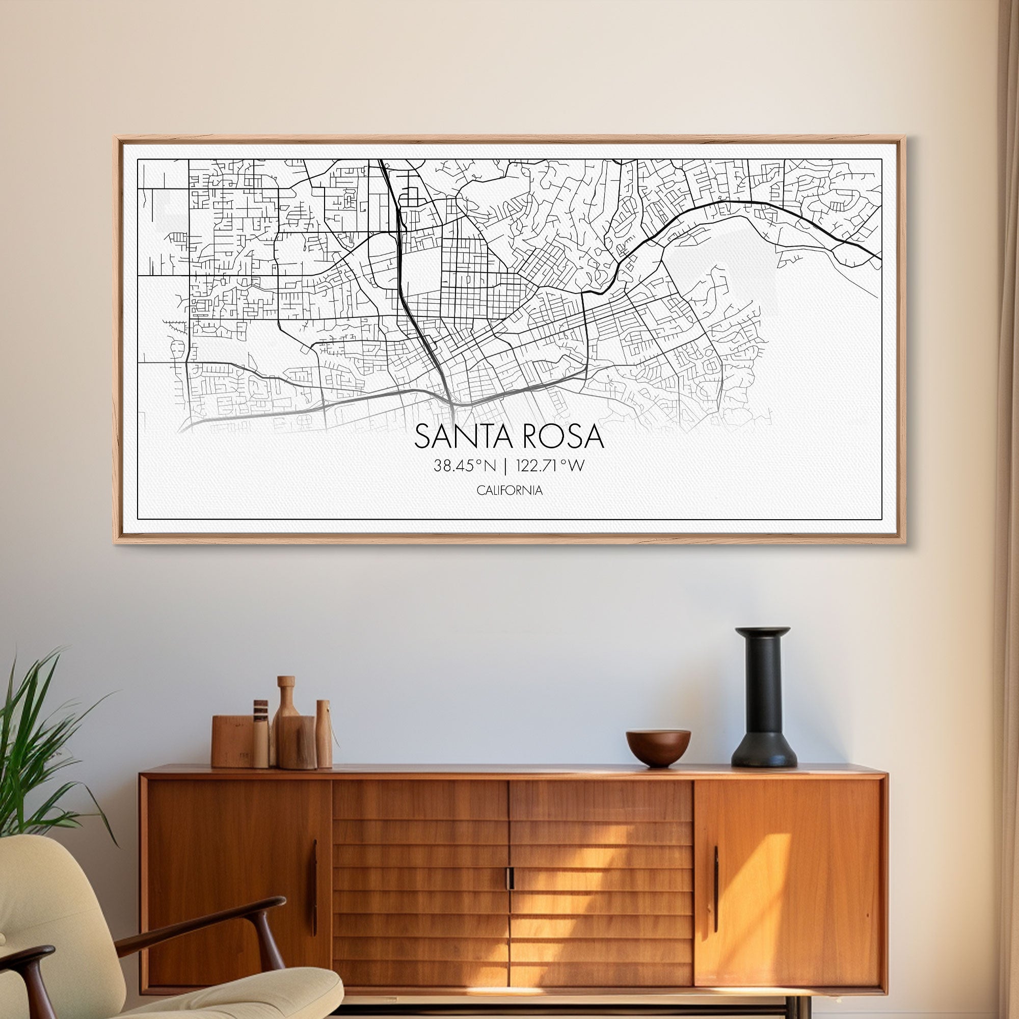 Santa Rosa City Map, California Art, Map Print, Modern Wall Art, Wall