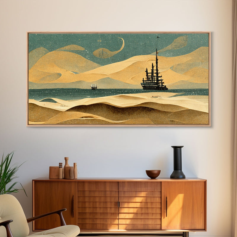 Art deco canvas print, pirate ship at sea beyond the sand dunes, living room wall art