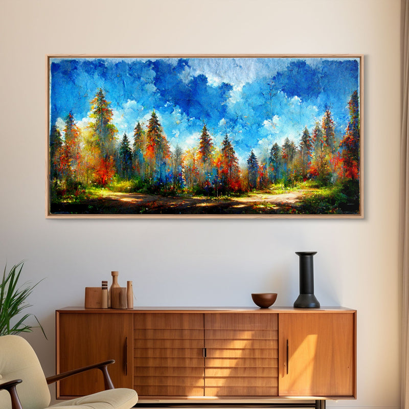 Beautiful Forest Sunset Oil Painting Canvas Print, Blue Skies and Fall Trees, Autumn, Ready to hang gallery wrapped nature canvas print