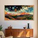 Night Starry Sky Landscape Framed Canvas Print, Colorful Night Sky Painting Nature Painting Living Room Wall Art Spiritual Starry Painting
