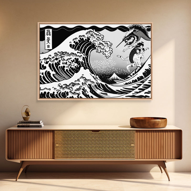 Beautiful Black and White Ocean Wave Wall art, Framed Canvas Print, Retro Japanese Inspired Hokusai Style Wave Art