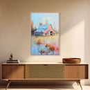 Serene Barn Scene in Soft Pastel Hues - Framed Canvas Print, Rustic Decor, Countryside Art for Bedroom, Farmhouse Wall Art for Living Room