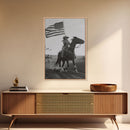 Patriotic Cowgirl with Flag Art Print, Western Rodeo Framed Canvas, Vintage Black and White Photography, Unique Wall Art