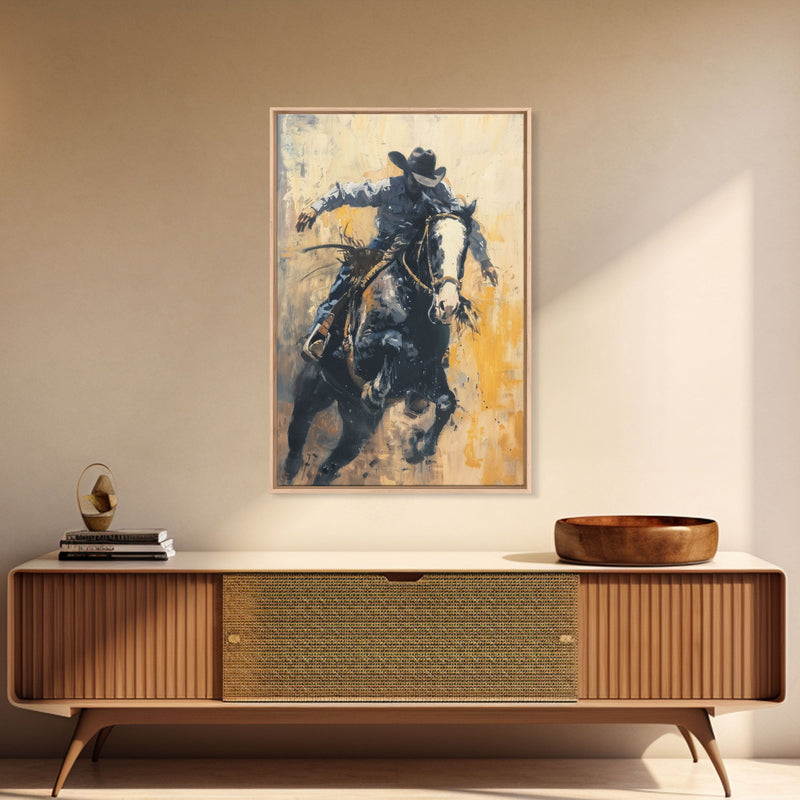 Action-Packed Cowboy on Horseback - Framed Canvas Print, Western Wall Art, Rustic Decor, Living Room and Bedroom Art Print