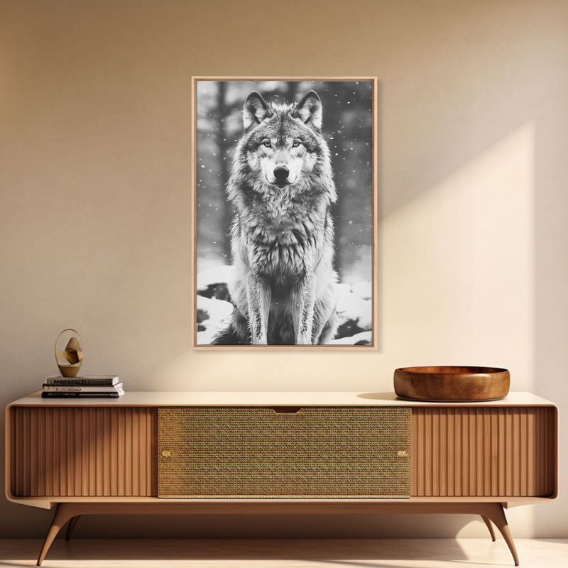 Wolf in Snowy Forest Black and White Photography - Framed Canvas Print, Wildlife Photography, Winter Wolf Art for Home Decor