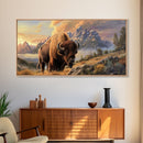 Powerful Bison in Mountain Valley, Framed Canvas Print, Ideal for Living Room Art, Nature Inspired Wall Art, Bedroom Decoration