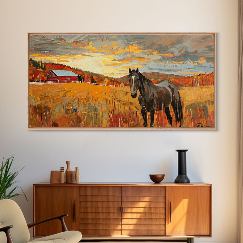 Black Horse in Autumn Field with Red Barn, Perfect Farmhouse Art, Framed Canvas Print, Rustic Wall Decor, Living Room Decoration