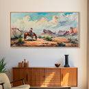 Cowboy Gazing Over Expansive Desert, Boho Western Landscape Art, Framed Canvas Print, Living Room Wall Decor, Rustic Country Style