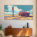 Stylized Cowgirl with Red Car in Vast Desert, Framed Canvas Print for Bedroom, Ideal Living Room Art, Retro Wall Decor