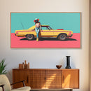 Bold Cowgirl Posing with Yellow Car, Pop Art Framed Canvas Print for Living Room, Ideal Bedroom Wall Art, Unique Home Decor