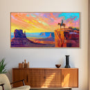 Cowboy with Horse on Cliff Edge, Farmhouse Style Framed Canvas Print for Living Room Wall Art, Vibrant Home Decor, Western Scenic Art
