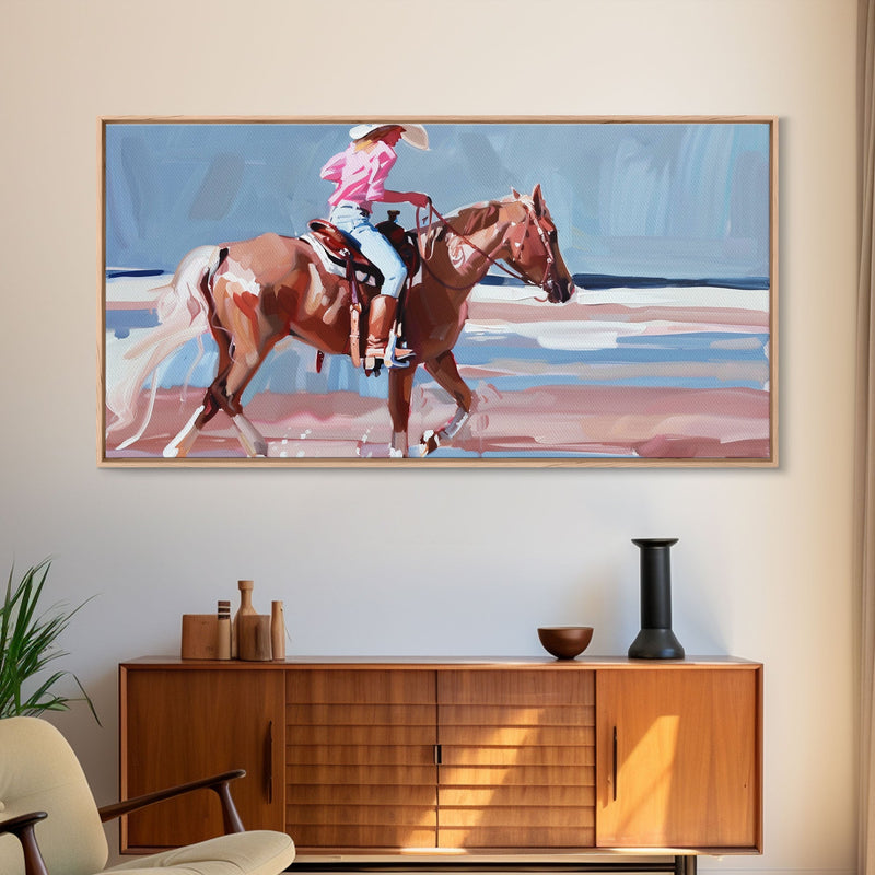 Woman Riding Horse on Beach, Peaceful Framed Canvas Print, Great for Coastal Living Room Art, Beach Bedroom Decor, Equestrian Wall Art